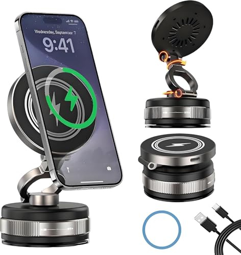 Kabelloses Autoladegerät, 15 W Schnellladegerät mit Vakuum-Saugnapf und magnetischer Halterung für Mobiltelefone, 360° drehbar und dreiachsig klappbar, Handyhalterung für iPhone und Android