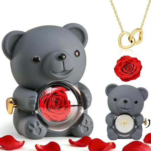 DWcouple Ours Rose Eternelle avec Compris Boîte,Ours Boite Eternelle Avec Collier,Ourson avec Rose Eternel, Cadeau Saint Valentin Femme, Rose éternelle Cadeau Anniversaire Femme, Gift Fête des Mères
