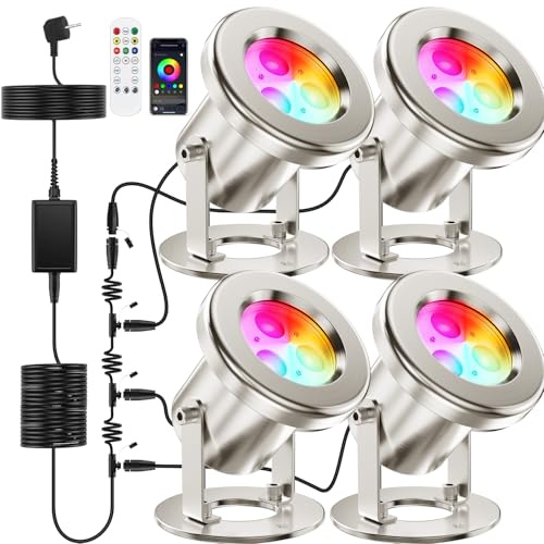 OSREE All-in-One Teichbeleuchtung LED Edelstahl SS316, RGB Erweiterbare Teichlampen Unterwasser mit 15,5M Kabel, Teichlicht IP68 für Teich, Wasserfall, Bach, Fischteich, Wasserspiel, 4er-Pack