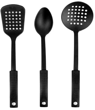 San Ignacio Dots 3-teiliges Küchenhelfer-Set in Schwarz (geschlitzter Pfannenwender, Löffel und Schaumlöffel)