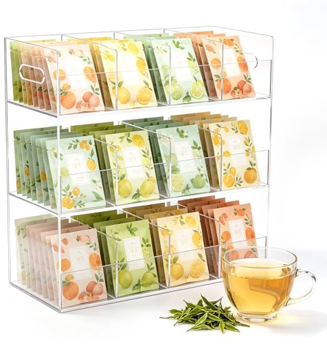 Organisateur Sachets Thé en Acrylique, Boîte à Thé 12 Compartiments pour 216 Filtres Support Transparent pour Rangement de Thé pour Placards, Plans de Travail et Cellier