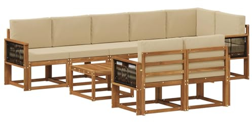 vidaXL Outdoor-Sofagarnitur mit Kissen 9 pcs Natur und Beige Polyester, Stylisches Außensofa, wetterfestes Set, Bequeme Sitzgelegenheit für den Garten, Akazienholz Möbel