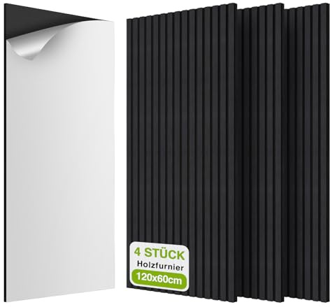 AKK-STAVE Akustikpaneele selbstklebend, 2,88m² 4er-Set (120x60cm) – 3D Wandpaneele Holzoptik, schallabsorbierende Wandverkleidung für Wohnzimmer, Büro (22# Schwarz)