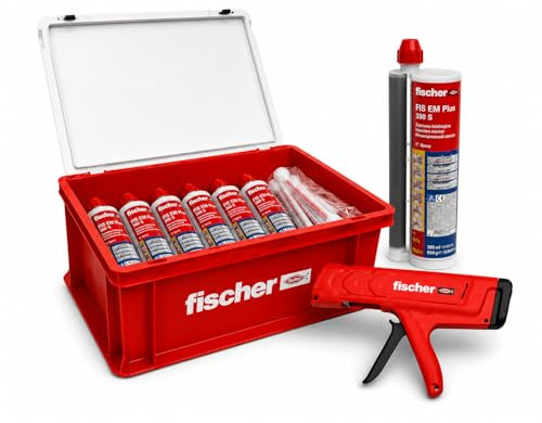 Fischer FIS EM Plus 390 S - Set di malta per resina epossidica, 12 x 390 ml, malta ad iniezione con 24 miscelatori statici FIS MR Plus, pistola per spremere FIS DM S Pro e valigetta per fissaggi