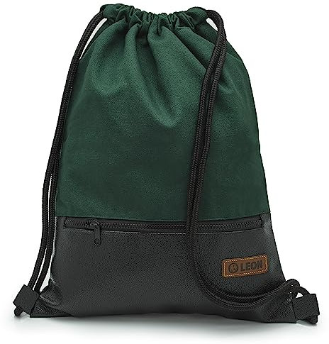 Leon By-Bers Tasche Segeltuch dickes edles Canvas z.T. mit Kunstleder Boden, große Außentasche mit Zipper, Turnbeutel Rucksack Sportbeutel Gym Bag Gymsack Hipster, Dkl. Grün, flach 34cmx45cm +-1cm