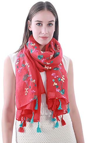 Lina & Lily Damen Schal mit Blumen Bestickt in Verschiedenen Farben (Rot)