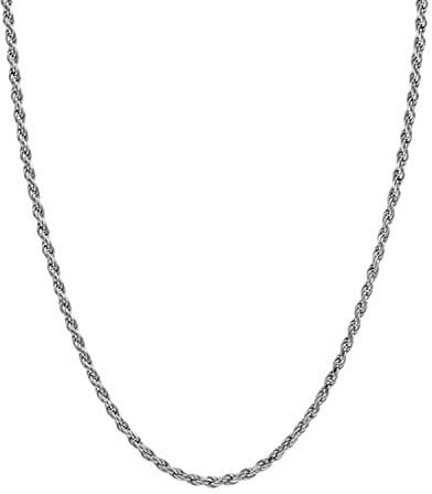 Lifetime Bling 14K Yellow or White Gold solid 2mm Diamond cut Rope chain Necklace w/Real Strong Lobster Claw clasp f/Men or women Thin for pendants 16-24inches (White-Gold, 20)