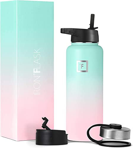 IRON °FLASK Edelstahl Trinkflasche mit Strohhalmdeckel - 1.2L 3 Deckel - Auslaufsicher Thermosflasche - Metall Wasserflasche Doppelwandig Isoliert BPA-freie fur Sport Schule Fitness Camping