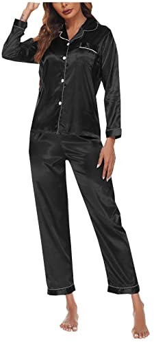 Pyjama Satin Femme Ete en Soie Manche 3/4 Ensemble Pyjama Ado Fille Dentelle Pas Cher A La Mode Chic VêTement De Nuit (L(EU36), Bleu Marine)