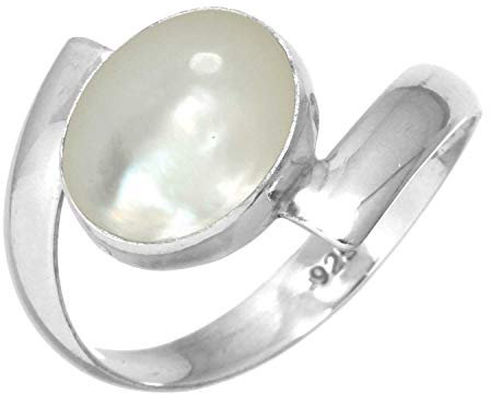 Jeweloporium Weißer Perlmutt-Silberring Größe 70 (22,3), 925 Sterling Silber Ring für Damen, Natürlicher ovaler Edelstein Handgefertigter Schmuck