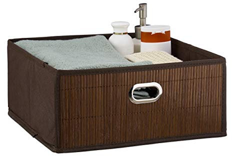 Relaxdays Aufbewahrungskorb Bambus, Badkörbchen quadratisch, Stoff Regalkorb flach, HBT 14 x 31 x 31 cm, faltbar, braun