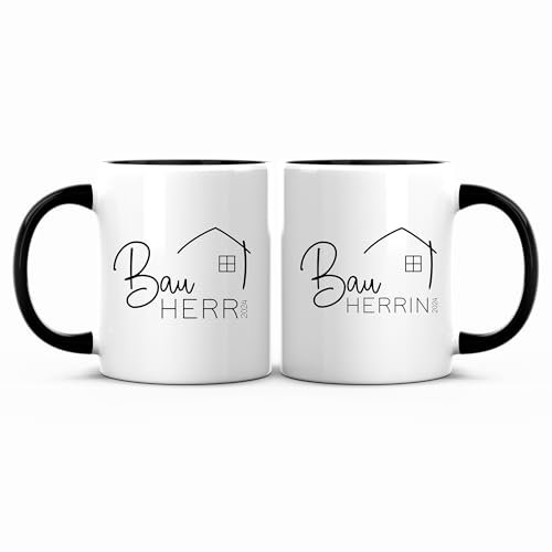 Personalisiertes Keramik Tassen Set | für den Hausbau mit Jahreszahl 2025 | Bauherr + Bauherrin 3 | Tasse ist der Hingucker auf der Baustelle | Geschenk zum Richtfest | Henkel + Innen schwarz