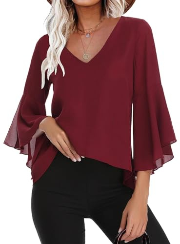 Gyabnw Blusa Donna Estiva in Chiffon Estiva Camicia Donna Casual Traspirante 3/4 Manica Volant Scollo a V Blusa B-Vino Rosso,XXL