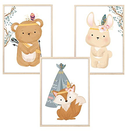 MeinBaby123® Bilder Kinderzimmer | 3er Set DIN A4 Poster Set | Indianer-Tiere Boho Wandbilder | Deko Bilder Kinderzimmer | Babyzimmer Deko | Wandposter Premium (Tiere Boho - Set 3)
