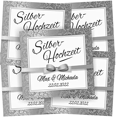 Play-Too 5 Aufkleber Etikett Flaschenetikett Silberhochzeit Hochzeit Fest personalisiert 25 Jahre Ehe