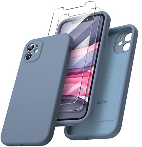 ORNARTO Coque pour iPhone 11, Coque en Silicone (pour iPhone 11) (6,1) avec 2 Verres Trempés, Étui iPhone 11 Protection Complète, Housse au Bord Carré Antichoc - Bleu Brume