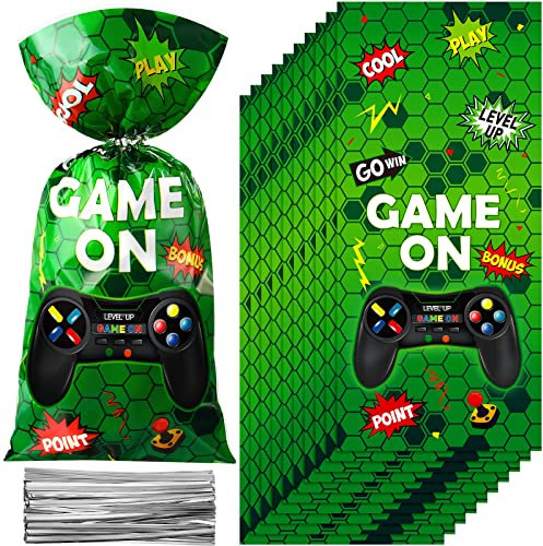 100pcs Video Game Party Bags Plastic Video Game Loot Bags Gaming Goody Candy Treat Bags with 100 Silver Twist Ties Game on Favor Bags Video Games Theme Party Decoration for Game Birthday Party(Green)