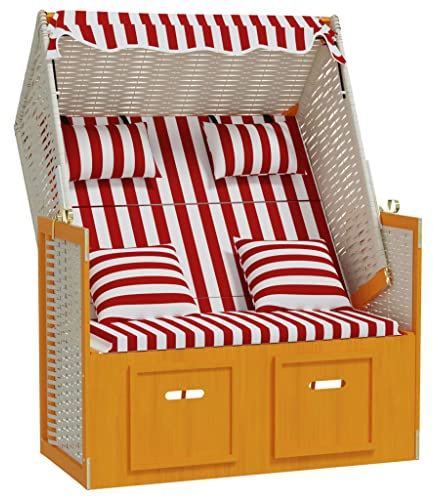 vidaXL Strandkorb mit Kissen Gartenliege Volllieger Sonnenliege Sonneninsel Strandliege Zweisitzer Liege Strand Poly Rattan Massivholz Rot Weiß