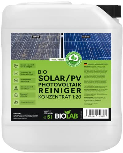 BIOLAB Solar & PV Photovoltaik Reiniger Konzentrat 1:20 (5 Liter Kanister) zur Reinigung von Solaranlage, Photovoltaikanlage, Balkonkraftwerk, Solarpanel, Solarmodul, PV Anlage, Solarreiniger