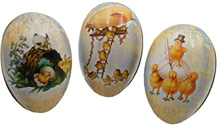 Nestler 3er Set Ostereier zum Befüllen Handgemachte Eier aus Pappe Verschiedene Größen Serie - Kükenbande - Liebevolles Ostergeschenk Osterei (9 cm)