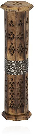NKlaus Porte-encens octogonal Tour d'encens 32x6cm Bois de Mangue avec Motif Laiton 11260