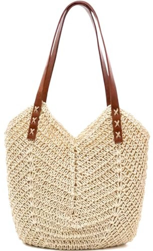 MAMUNU Sac à bandoulière en paille pour femme, sac fourre-tout en paille, sacs en paille de grande capacité avec fermeture éclair, sacs de paille pour l'été, la plage, beige, 37x30x33cm