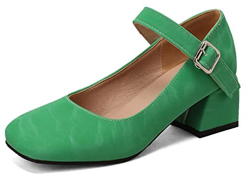 MJIASIAWA Women Square Toe Comfort Ankle Strap Mary Jane Pumps Block Heel Fashion Block Mid Heels Wedding Wide Fit Dress Shoes Green Size 3 UK/36 Asian