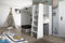 Marlux-Meble Hochbett JSM-7 90x200 TREPPE RECHTS mit Schreibtisch Schränke und Ausklappbares Sofa 70x180 Hochglanz Funktionsbett Etagenbett Stockbett Kinderhochbett Jugendhochbett (Hellgrau Glanz)
