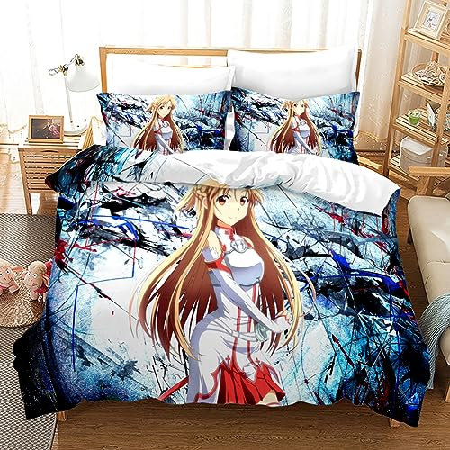 XSLGOGO Sword Art Online Bettwäsche-Set 3-teilig Sword Art Online Drucke Bettwäsche-Set Anime Bettbezug und Kissenbezüge Bettwäsche-Set