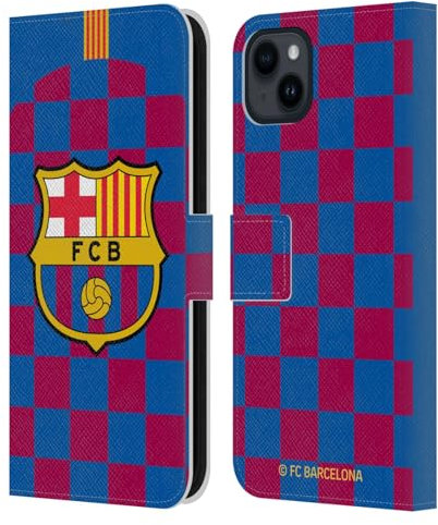 Head Case Designs Licenciado Oficialmente FC Barcelona Primera equipación Kit Escudo 2019/20 Carcasa de Cuero Tipo Libro Compatible con Apple iPhone 15 Plus