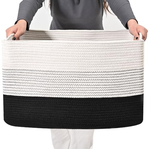ICERZCZ Large Blanket Basket Living Room, Rectangle Toy Storage Basket, Large Baskets for Blankets, Woven Cotton Rope Baskets for Storage, Books, Shoes, Dirty Clothes, 22”x17”x12”, Gradient Black, 75L