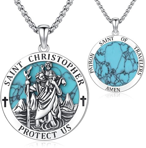 Odinstone St. Christophorus Halskette Sterling Silber 925 Heiliger Christophorus Kette, Anhänger Saint Christophorus Religiöser Schmuck für Männer Frauen