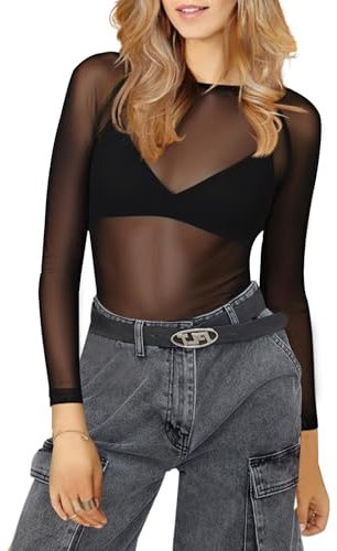 Uwiyo Womens Mesh Tops Sexy See Through Long Sleeves Shirt Stretchy Slim Fit Shirts Sheer Mesh Tops Blouse Tunic Clubwear Shirts (S, Black)