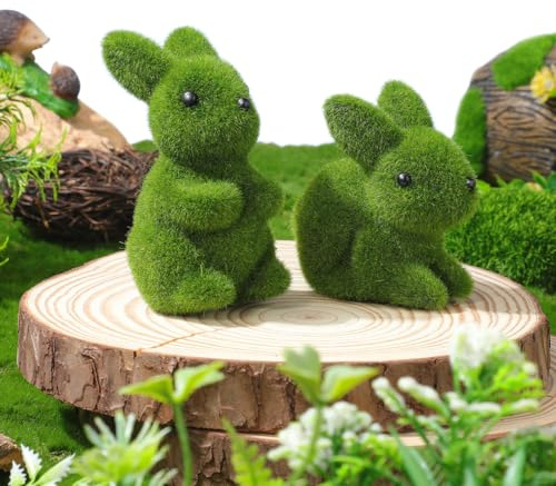 MAGICLULU Easter Furry Flocked Bunny, 2pcs Artificial Moss Rabbit Figurines Sculpture Spring Garden Decorations Easter Decor Tabletop Ornament Green Animal Moss Rabbits
