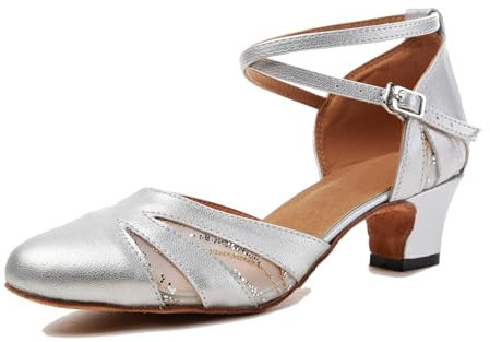 LITNERMIA Damen-Pumps mit geschlossenem Zehenbereich, Glitzer-Pailletten, Netzstoff, Leder, Ballsaal, Tanzschuhe, Abschlussball, Party, Silberner Absatz: 5 cm, 36 EU