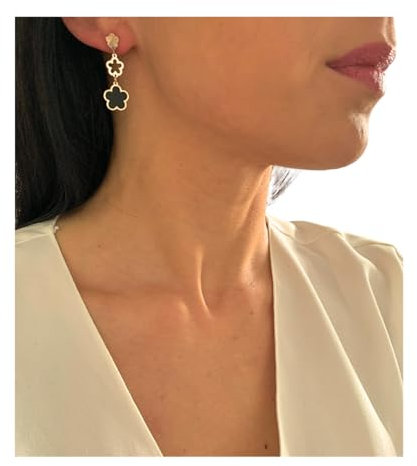 NataschaWoge® 3er Kleeblatt Perlmutt Edelstahl GOLD Huggie Creolen Ohrringe weiß schwarz Schmuck für sie Geschenk schwarz Opal (Rosegold)