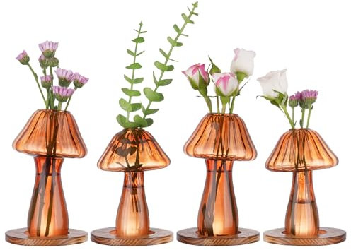 NiHome Lot de 4 pots de fleurs en verre borosilicate durable avec base en bois pour fleurs, culture hydroponique et décoration d'intérieur (marron)