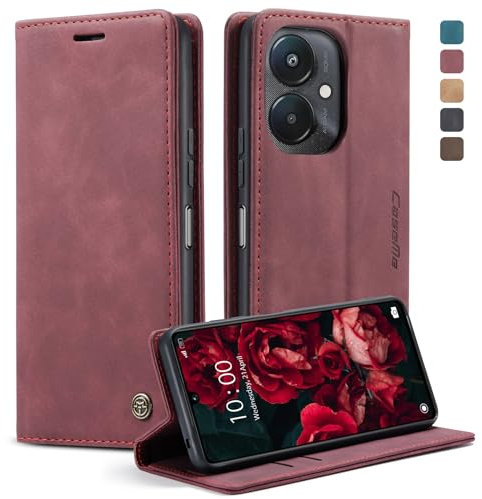 KZB Handyhülle für Xiaomi Redmi 13C Hülle Premium Lederhülle Klappbar Flip Case Tasche Magnet Kartenfach Standfunktion Klapphülle Schutzhülle für Redmi 13C - Weinrot
