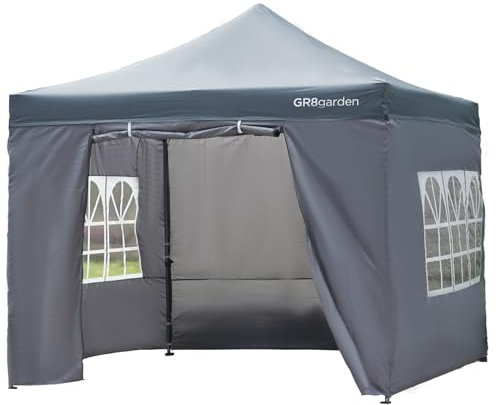 Gr8 Garden Commercial Grade Grey Pop Up Gazebo With Side Wall Panels Outdoor Heavy Duty Waterproof Beach Party Festival Camping Tent Canopy Wedding Marquee Market Stall Awning Shade 3m x 3m x 3.27m