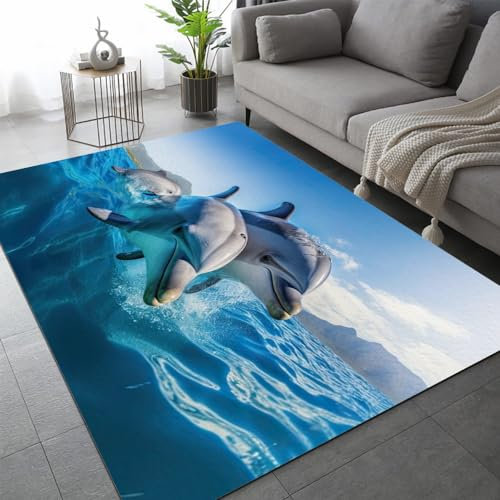 Delfin Teppich Schlafzimmer rutschfeste FußMatte Tiere Meer Kinderteppich Dekoration Carpets Teenager Kurzflor Flanell Teppiche Home Spielteppiche für Wohnzimmer 180x240 cm