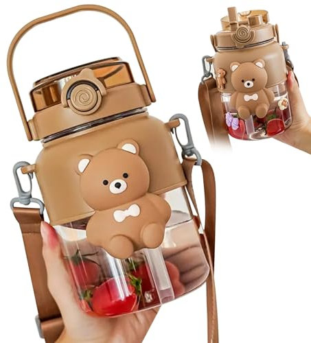 Botella de agua en forma de oso con botella de bebidas de oso y pajitas, botella de agua potable a prueba de fugas con correa para el hombro 3D Botella de agua del oso con paja y correa de 1000 ml/35