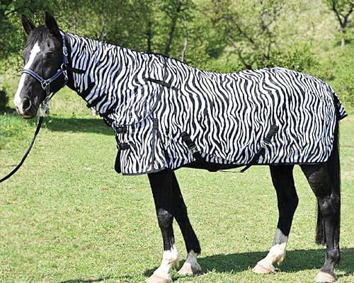 Brama-West - Fliegendecke Pferd Comfort Zebra | Zebrafliegendecke | mit Halsteil & Schweiflatz | Zebraprint | Gr. 155