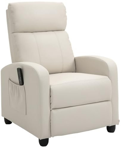 HOMCOM Sillón de Masaje Sillón Relax Reclinable con Mando a Distancia 2 Zonas de Masaje 8 Programas 5 Niveles de Intensidad 1 Bolsillo Lateral y Temporizador Tapizado en PU 68x88x98 cm Crema