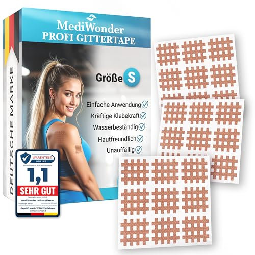 MediWonder Gitterpflaster Gittertape klein groß 180 Stk. [Testsieger] | verschiedene Größen, inkl E-Book, hautfreundlich | Cross Tape Akupressur Pflaster Akupunkturpflaster gegen Schmerzen - S