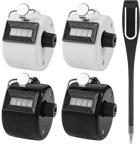 4 Stück Handzähler Zähler, 4-Stellige Zähler und Black Scoring Pen, Metall Zähler Klicker Counter, Mechanischer Klickzähler, Zähler Fingerzähler für Personenzähler, Coaching, Golf und Reihenzähler