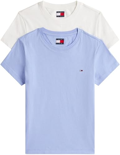 Tommy Jeans Women’s 2 Pack Short Sleeve Round Neck T-Shirts, Multicolor (Ecru/Vinatage Iris), M