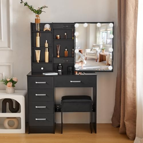 Buildonely Schminktisch mit Beleuchtung, 3 Farbtemperaturen und Einstellbarer Helligkeit, Frisiertisch mit Spiegel und Hocker, Kosmetiktisch mit 4 Ablagen, 6 Schubladens, Schwarz, 36x80x131 cm