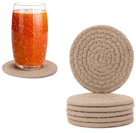 Encasa XO sous-Verres, Lot de 6 | Couleur Beige | Ronds, diamètre 9 cm | Coton côtelé Fait à la Main | Absorbants et résistants à la Chaleur | pour thé, Table Basse et Bureau