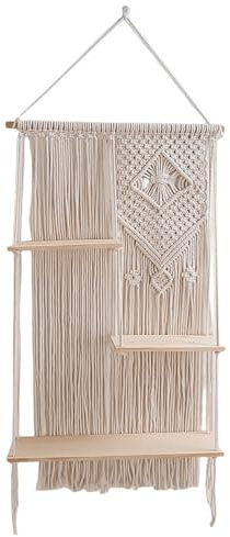 Jubilofex Boho Wandregal – Makramee- mit 3 Ebenen, schwimmende Halterung mit Seil | Bohemian Hanging Display Unit Rustikaler Organizer für Bücher Töpfe Post