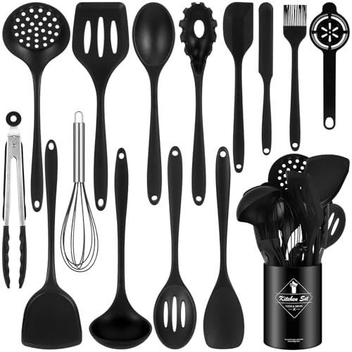 Set de 15 Ustensiles de Cuisine Silicone, Sans BPA, Accessoires de Cuisine Résistants à la Chaleur avec Seau de Rangement, Spatule, Cuillère, Fouet, Pince à Aliments, Lavable au Lave-vaisselle, Noir